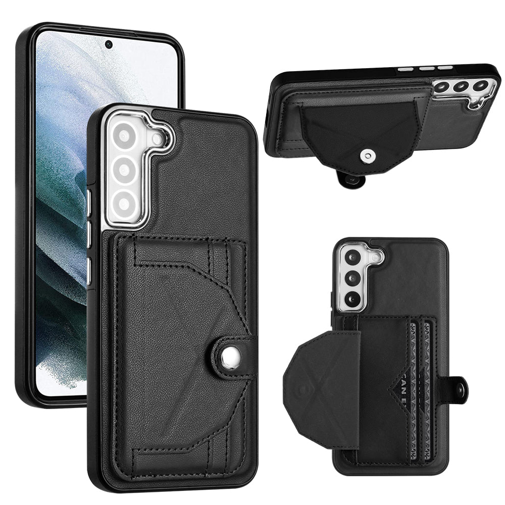 YB Leather Coating Series-4 for Samsung Galaxy S23 Card Holder Phone Case Kickstand Leather Coated TPU Cover