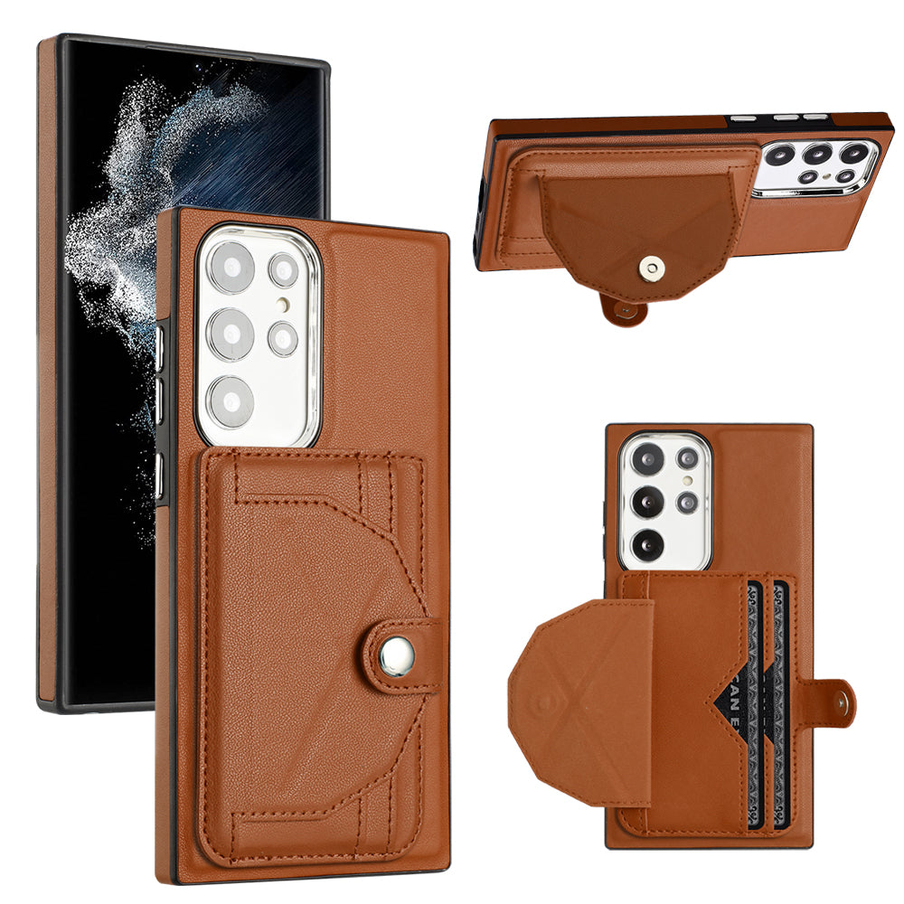 YB Leather Coating Series-4 Kickstand Case for Samsung Galaxy S23 Ultra Card Slots Leather Coated TPU Phone Cover