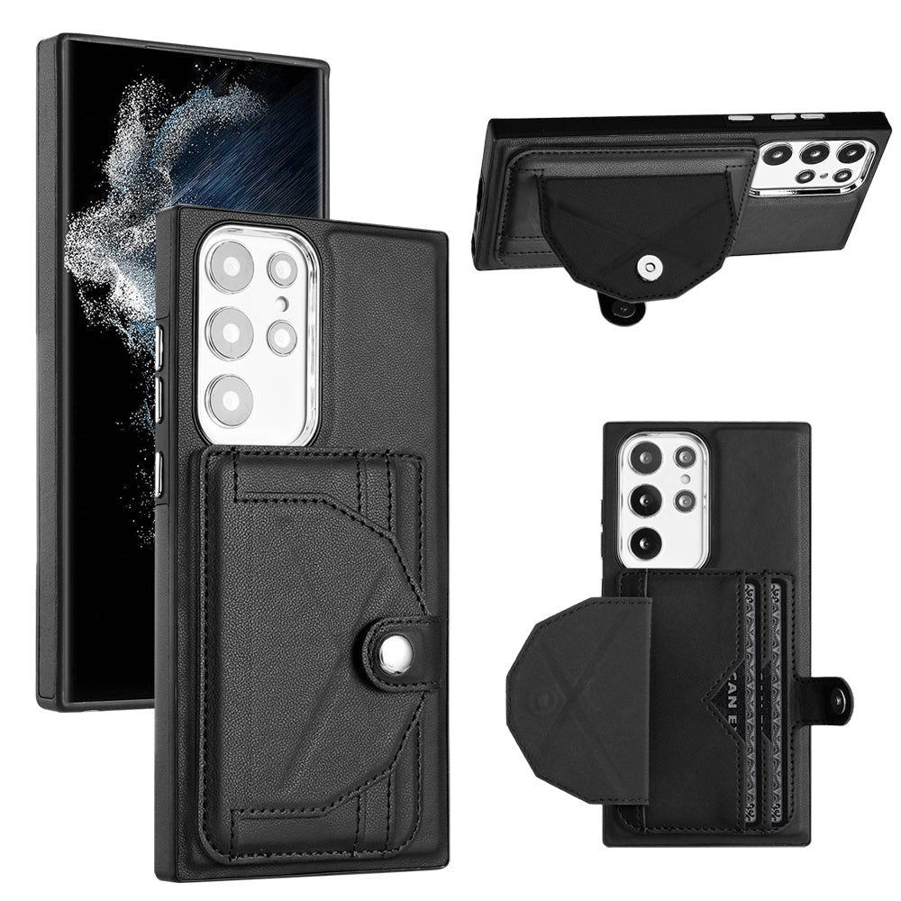 YB Leather Coating Series-4 for Samsung Galaxy S22 Ultra 5G Card Holder Phone Case Kickstand Leather Coated TPU Cover