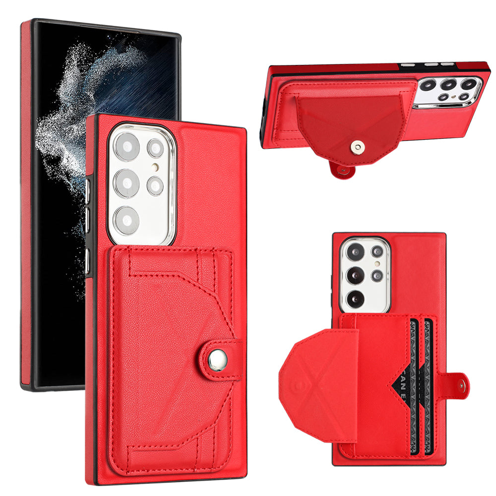 YB Leather Coating Series-4 for Samsung Galaxy S22 Ultra 5G Card Holder Phone Case Kickstand Leather Coated TPU Cover