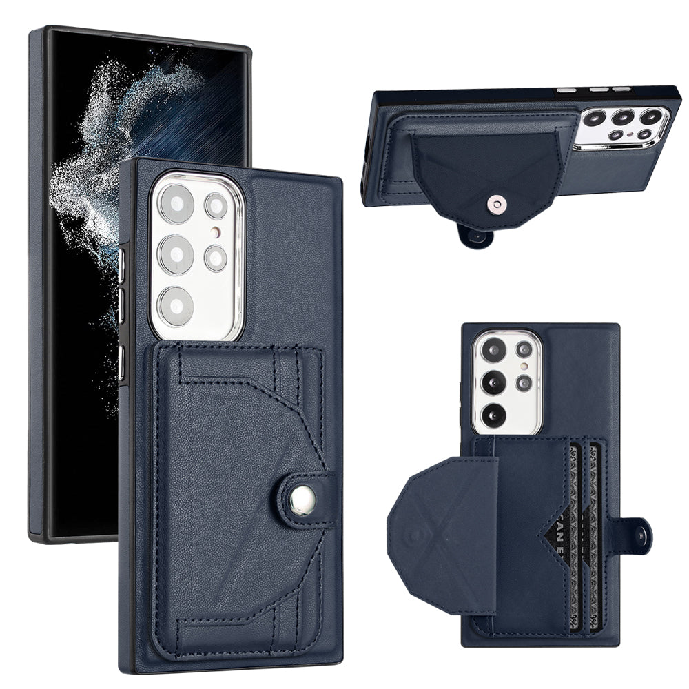 YB Leather Coating Series-4 for Samsung Galaxy S22 Ultra 5G Card Holder Phone Case Kickstand Leather Coated TPU Cover