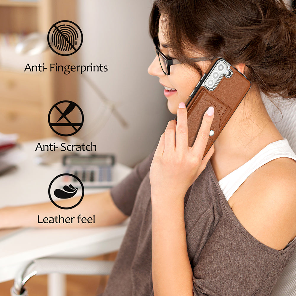 YB Leather Coating Series-4 for Samsung Galaxy S22 5G Phone Case Kickstand Card Holder Leather Coated TPU Cover