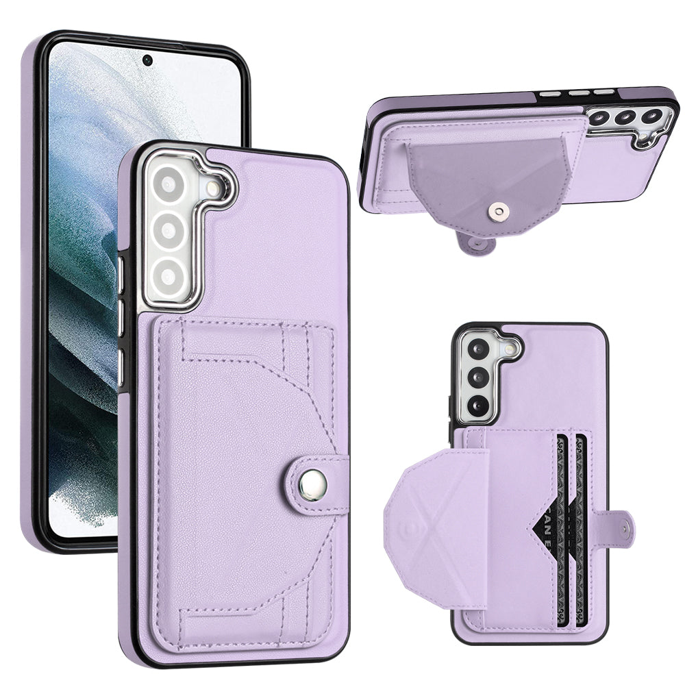 YB Leather Coating Series-4 for Samsung Galaxy S22 5G Phone Case Kickstand Card Holder Leather Coated TPU Cover