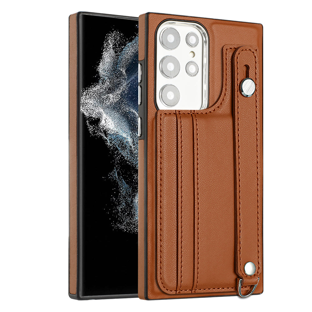 YB Leather Coating Series-5 For Samsung Galaxy S23 Ultra Kickstand Case Leather Coated TPU Phone Cover with Card Slots