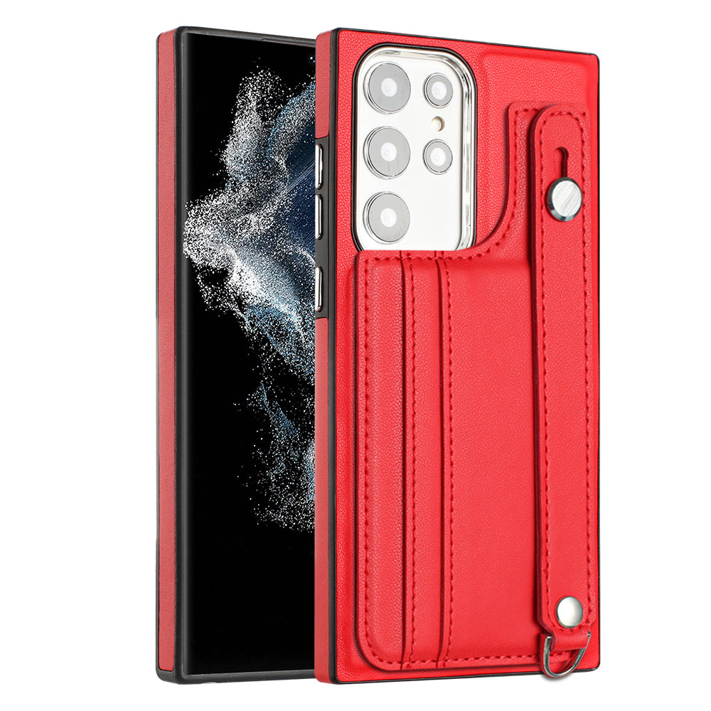 YB Leather Coating Series-5 For Samsung Galaxy S23 Ultra Kickstand Case Leather Coated TPU Phone Cover with Card Slots