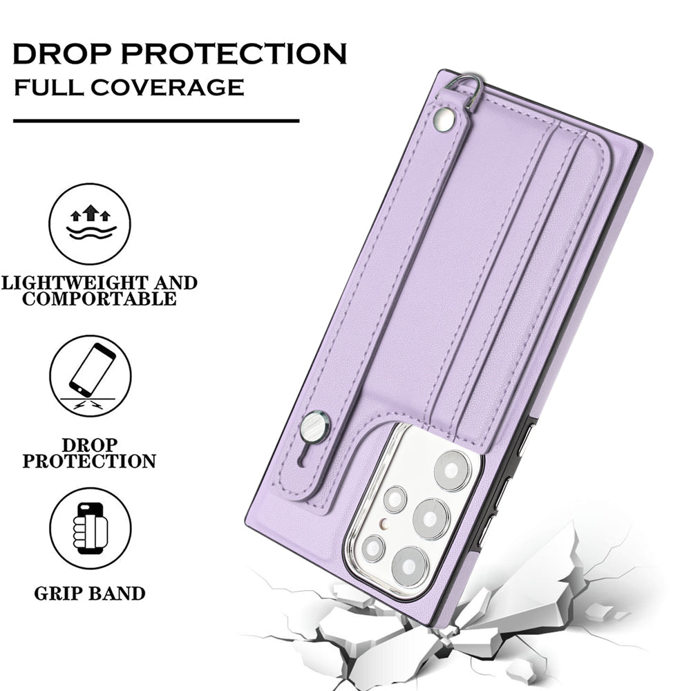 YB Leather Coating Series-5 For Samsung Galaxy S23 Ultra Kickstand Case Leather Coated TPU Phone Cover with Card Slots