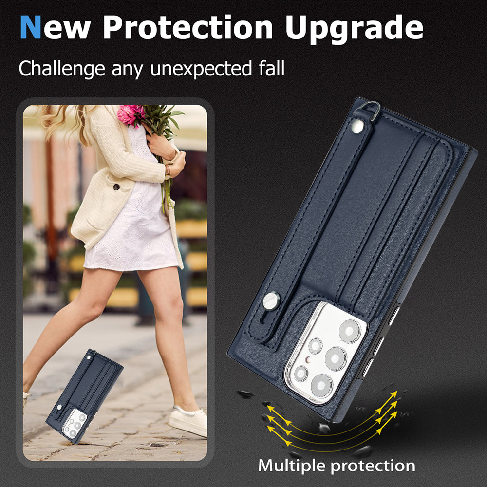 YB Leather Coating Series-5 For Samsung Galaxy S23 Ultra Kickstand Case Leather Coated TPU Phone Cover with Card Slots