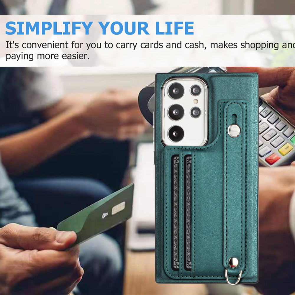 YB Leather Coating Series-5 For Samsung Galaxy S23 Ultra Kickstand Case Leather Coated TPU Phone Cover with Card Slots