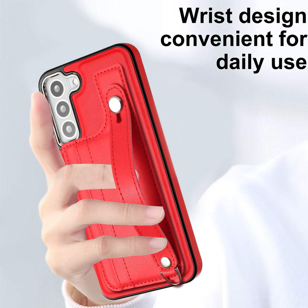 YB Leather Coating Series-5 For Samsung Galaxy S22 5G Card Slots PU Leather TPU Cover Kickstand Case