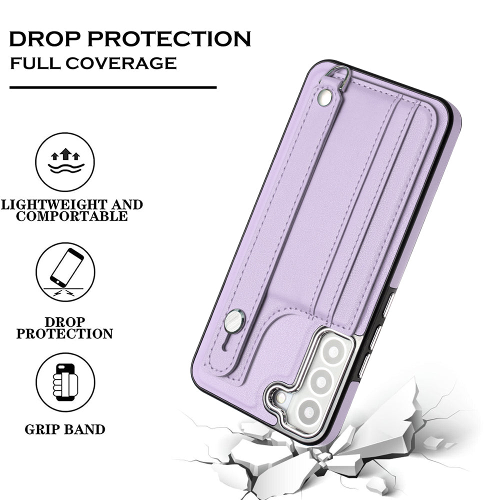 YB Leather Coating Series-5 For Samsung Galaxy S22 5G Card Slots PU Leather TPU Cover Kickstand Case