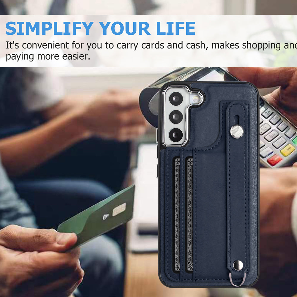 YB Leather Coating Series-5 For Samsung Galaxy S22 5G Card Slots PU Leather TPU Cover Kickstand Case