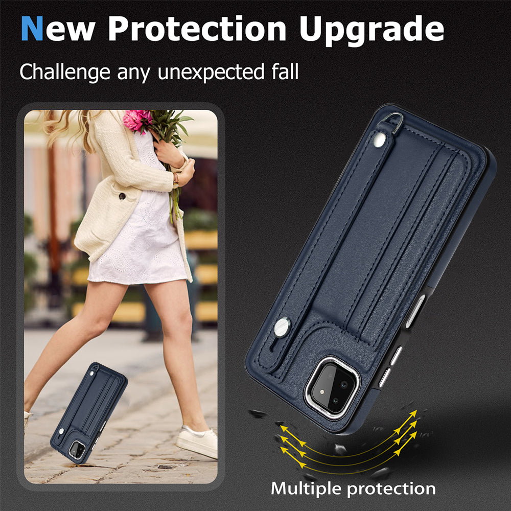 For Samsung Galaxy A22 5G (EU Version) Kickstand Case YB Leather Coating Series-5 Card Holder TPU Phone Cover