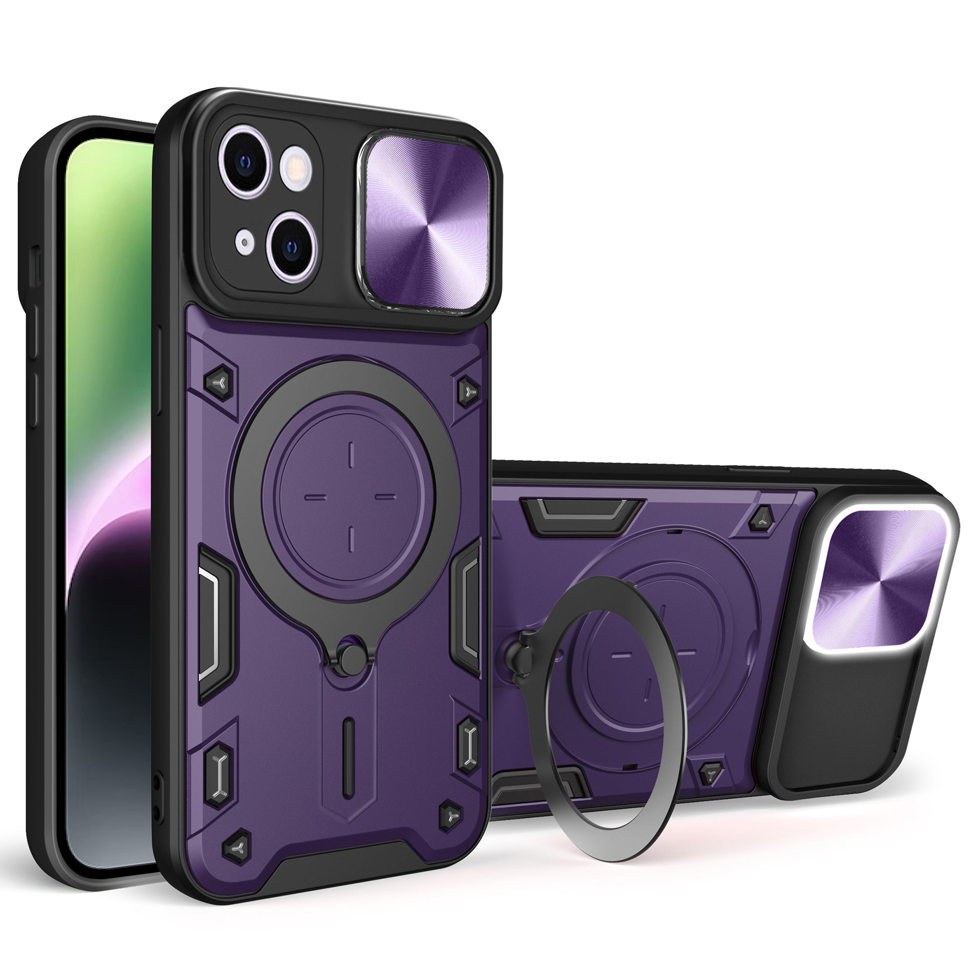 For iPhone 14 Slide Camera Lid Back Cover PC TPU Phone Case with Rotatable Kickstand
