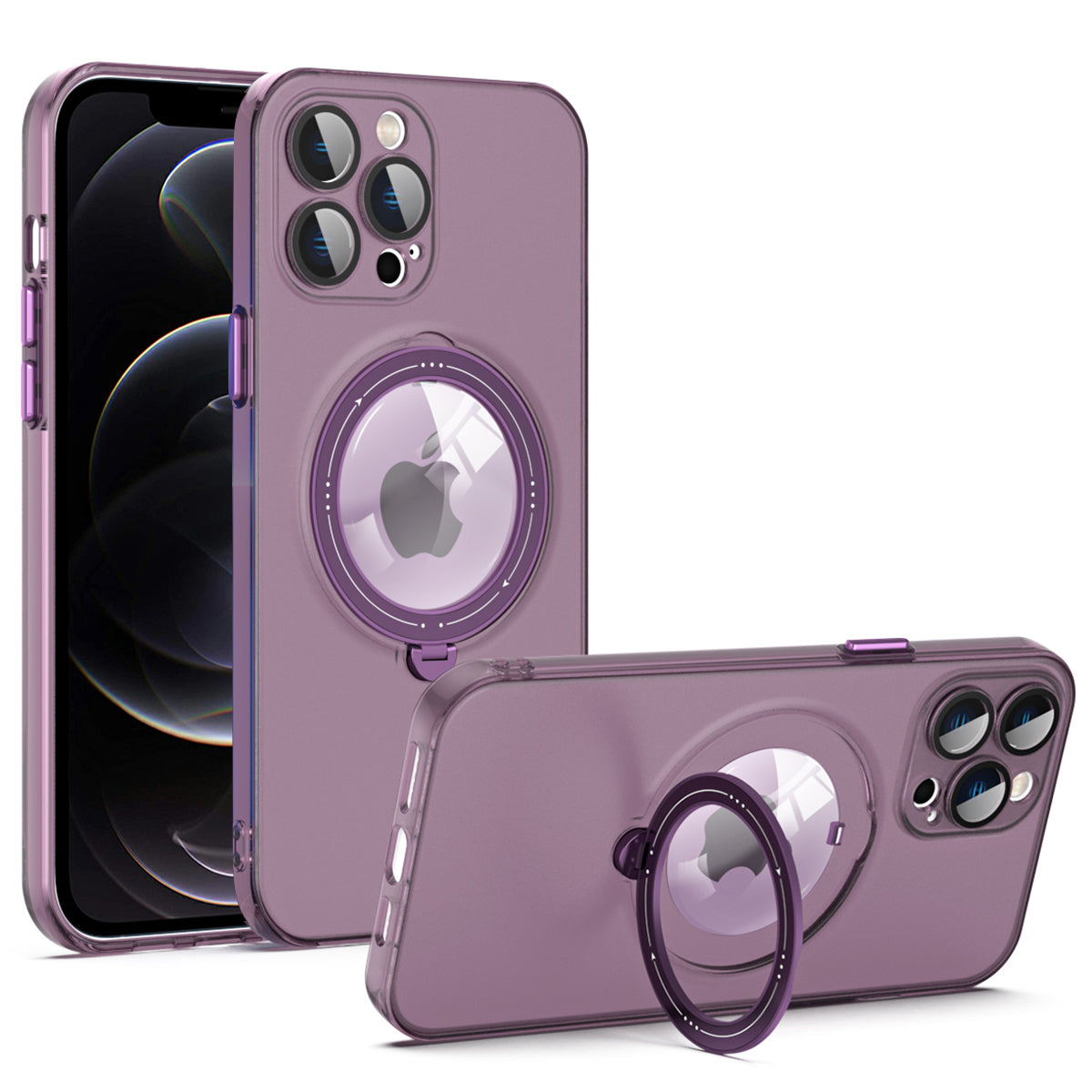 For iPhone 12 Pro Max PC TPU Phone Cover Convex Lens Ring Kickstand Case Compatible with MagSafe
