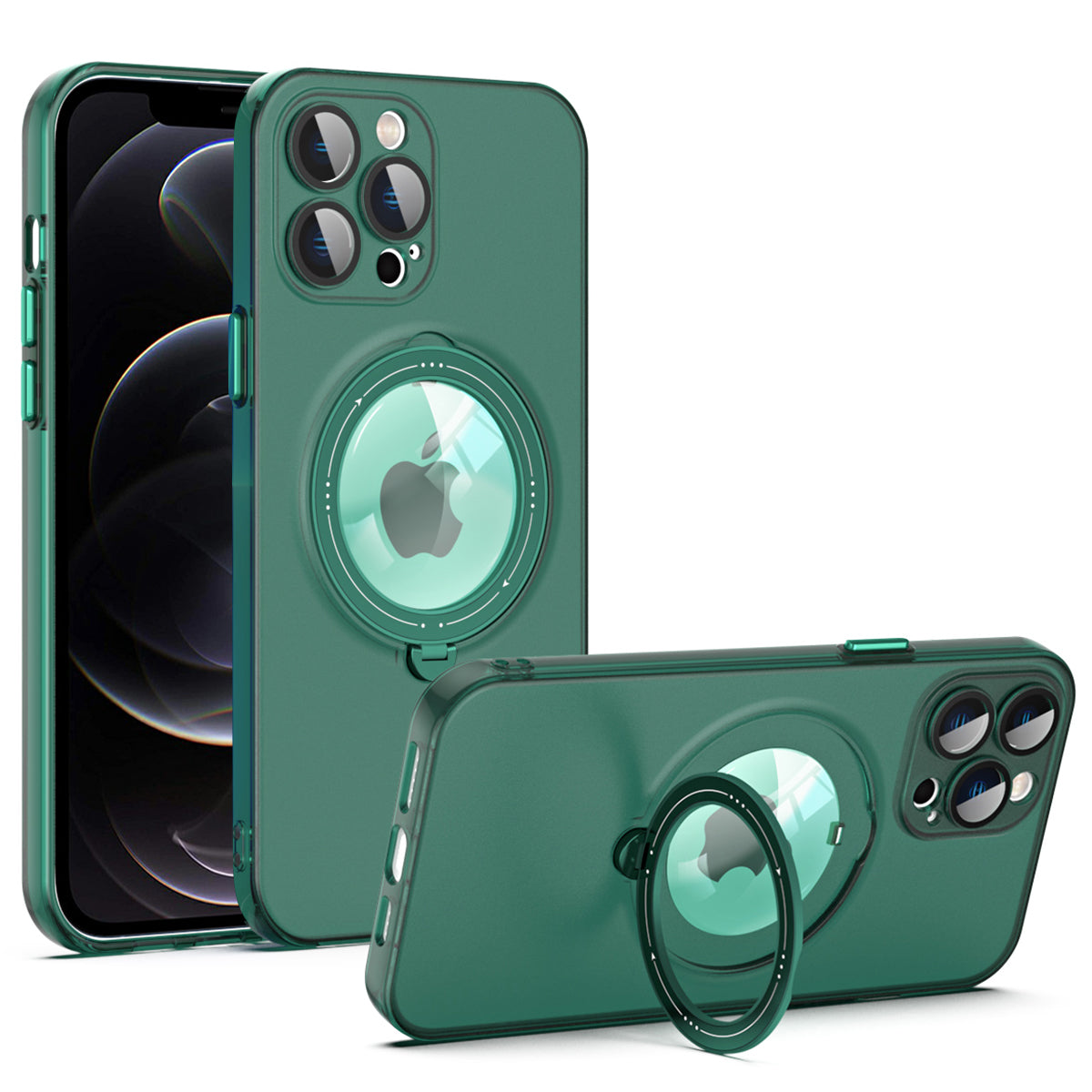 For iPhone 12 Pro Max PC TPU Phone Cover Convex Lens Ring Kickstand Case Compatible with MagSafe
