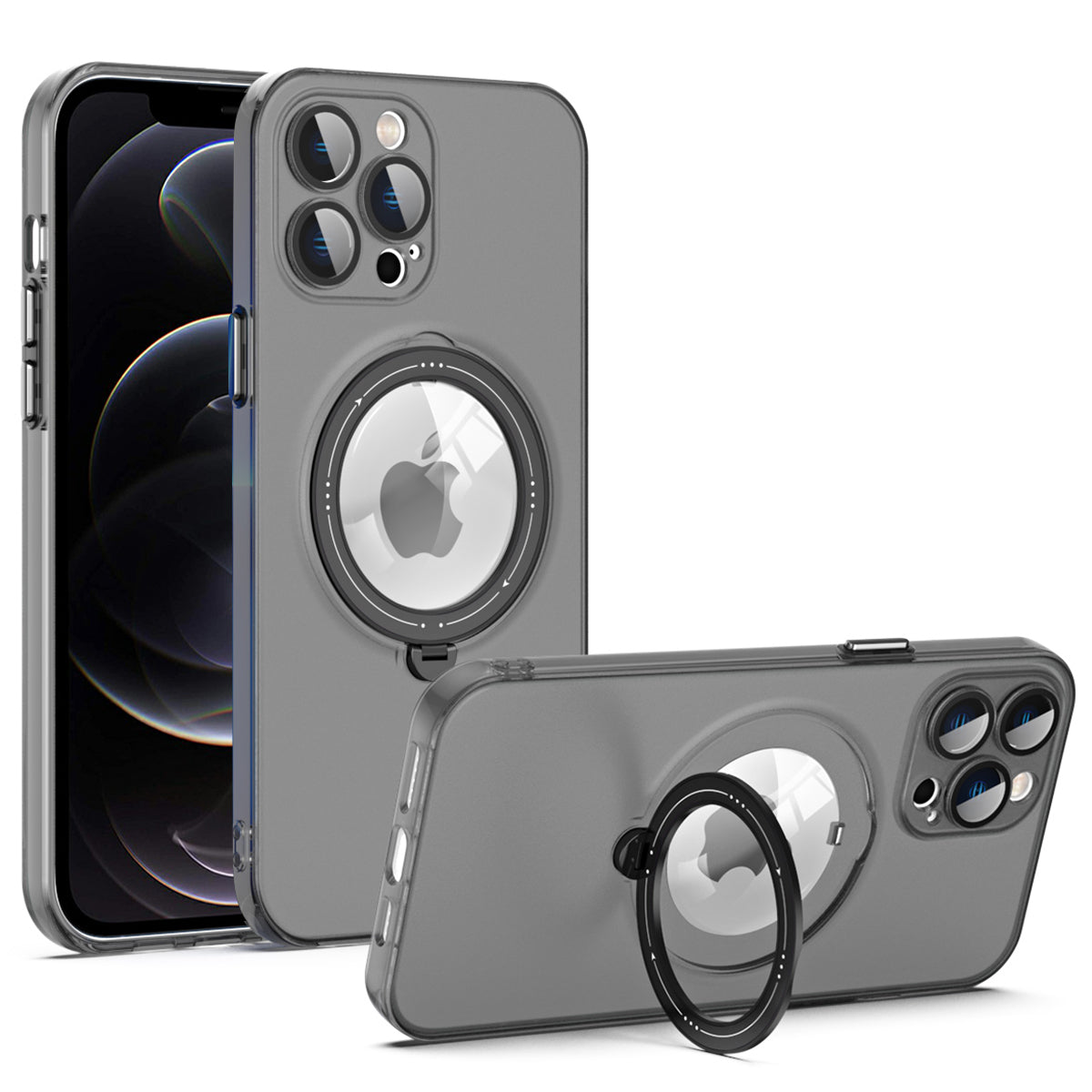 For iPhone 12 Pro Max PC TPU Phone Cover Convex Lens Ring Kickstand Case Compatible with MagSafe