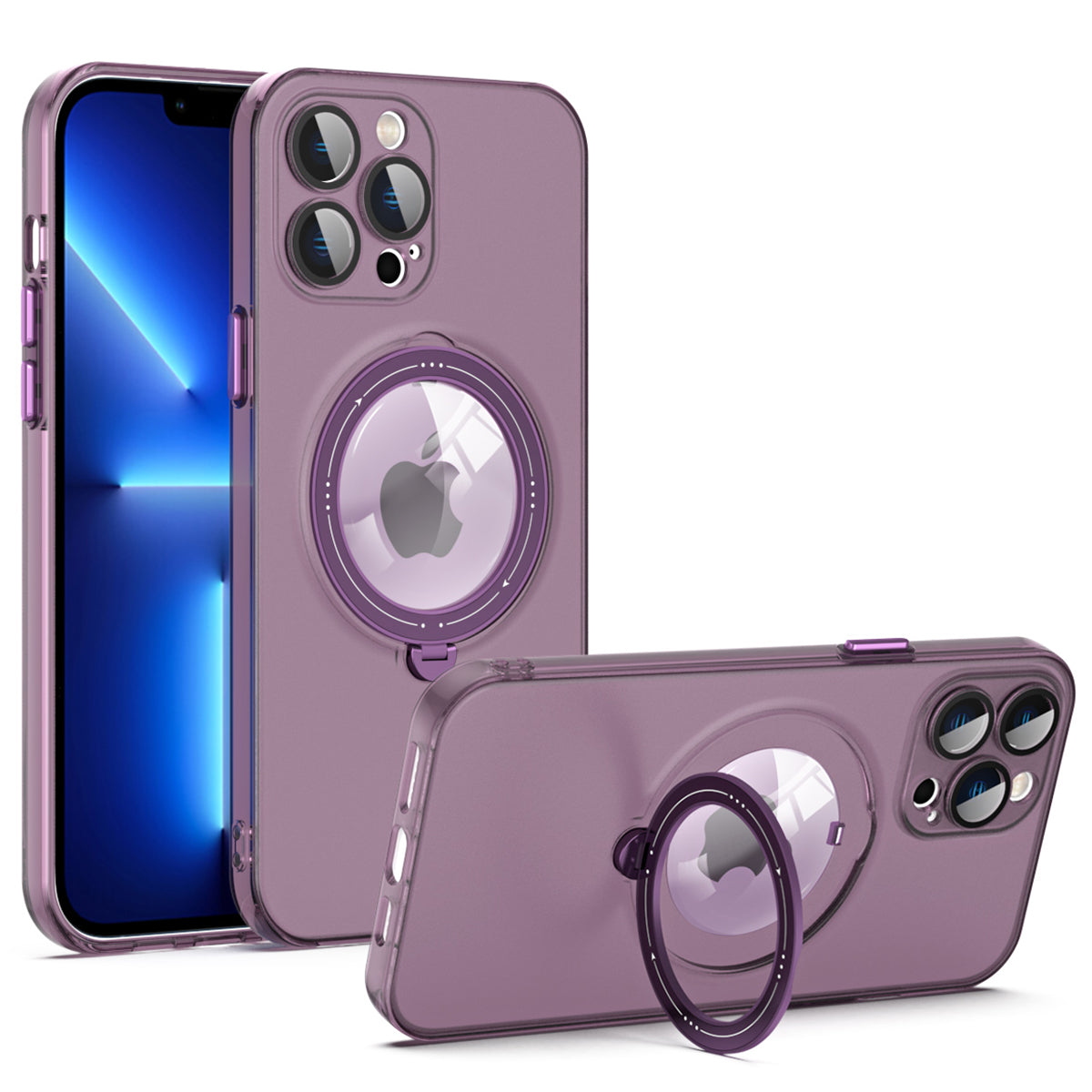 For iPhone 13 Pro Max Convex Lens Ring Kickstand Anti-fall Case PC TPU Phone Cover Compatible with MagSafe
