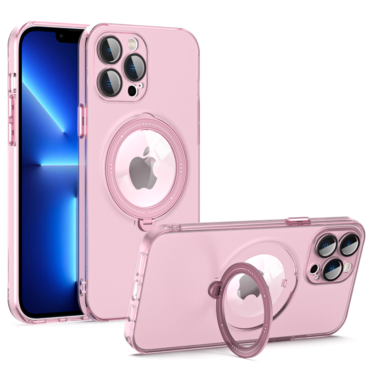 For iPhone 13 Pro Max Convex Lens Ring Kickstand Anti-fall Case PC TPU Phone Cover Compatible with MagSafe