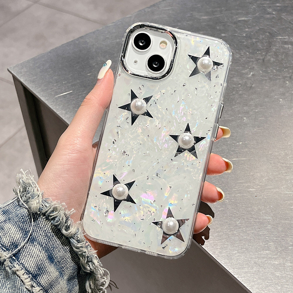 For iPhone 14 Plus Hard Acrylic TPU Phone Shell Electroplating Phone Case with Pearl Star Decor