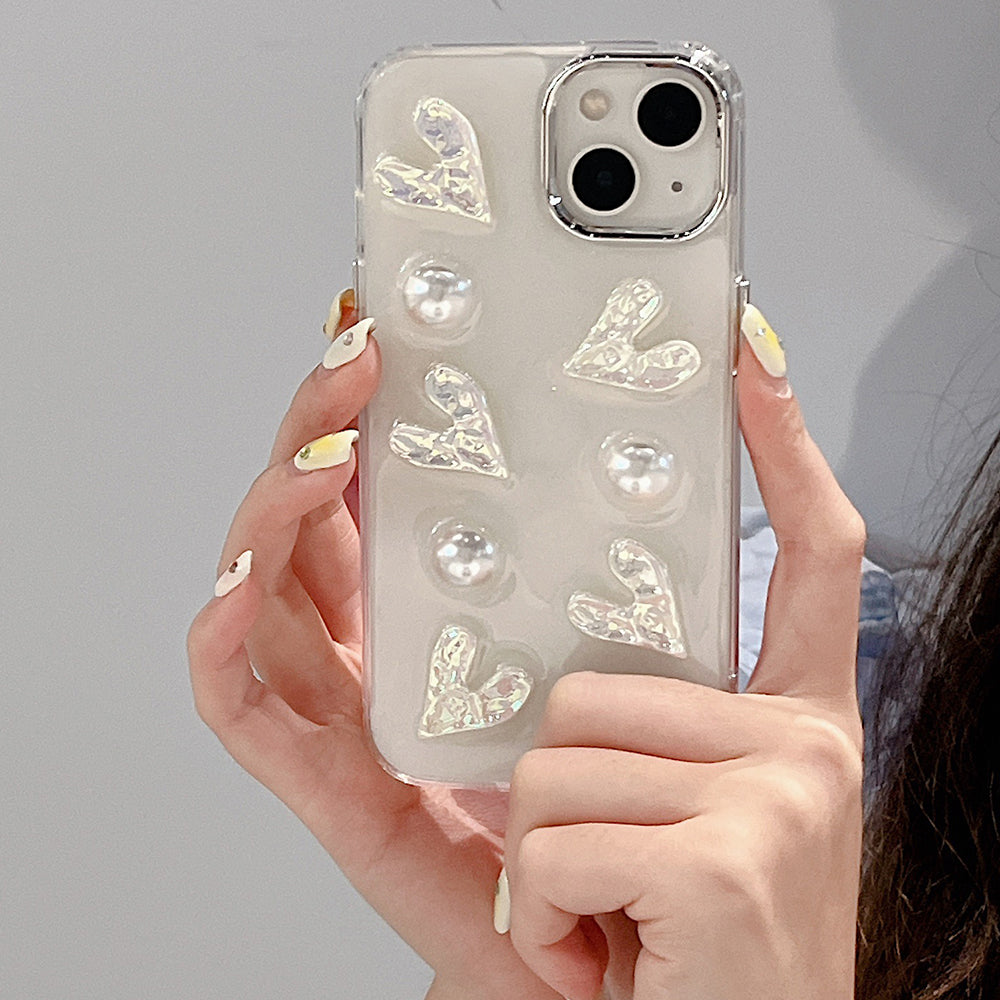 Pro iPhone 13 Pouzdro na telefon proti poškrábání Galvanické pokovování Laser Hearts Akrylový TPU kryt telefonu s perleťovým dekorem