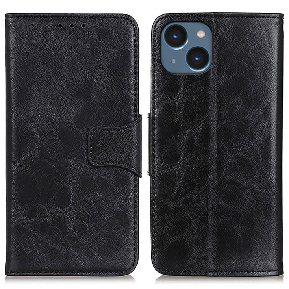 For iPhone 15 Plus Split Leather Crazy Horse Texture Bump Proof Case Stand Wallet Phone Cover