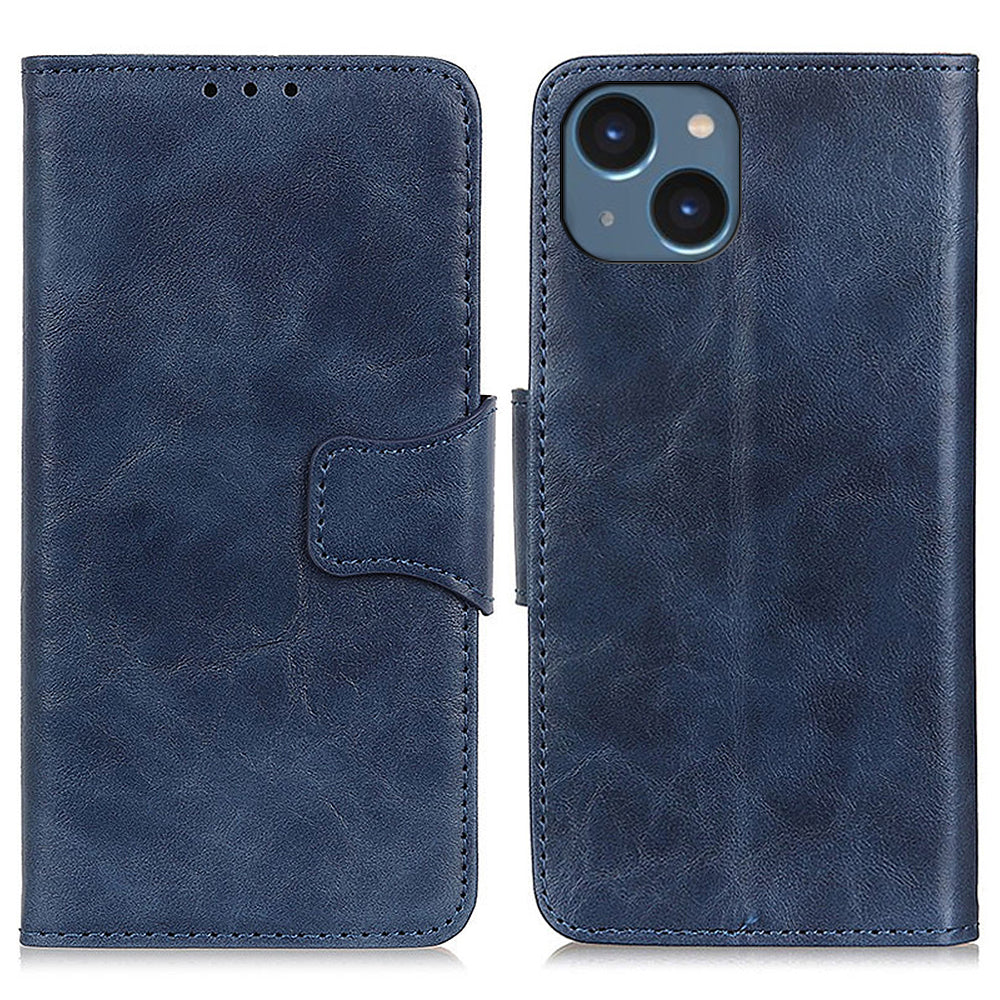 For iPhone 15 Plus Split Leather Crazy Horse Texture Bump Proof Case Stand Wallet Phone Cover