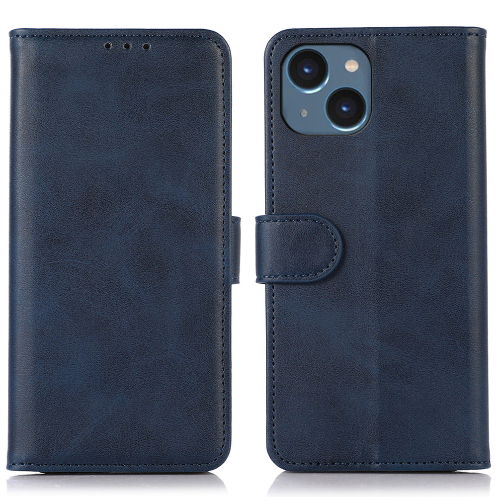 For iPhone 15 Plus Shockproof Wallet Phone Stand Case PU Leather Cowhide Texture Cover