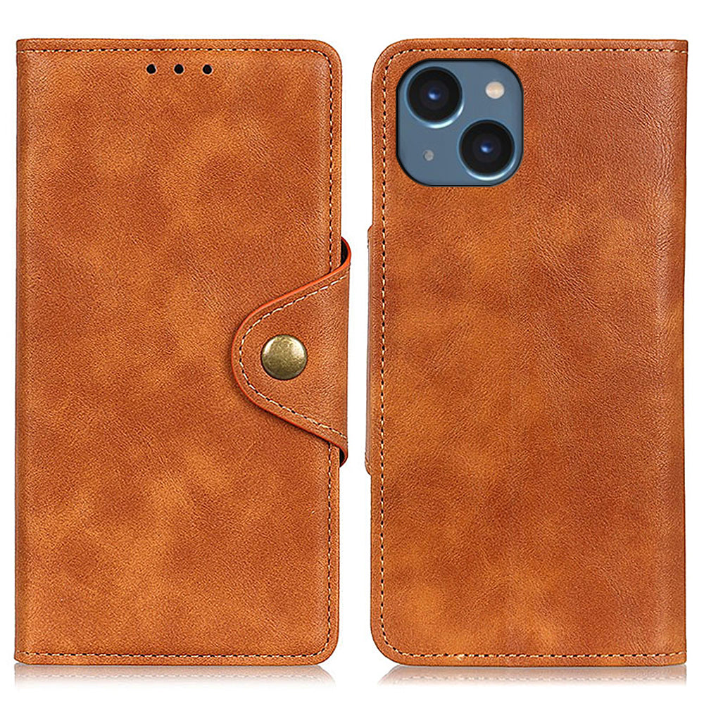 Stand Wallet Shell til iPhone 15 Plus Messing Spænde Telefon Cover PU Læder TPU Cover