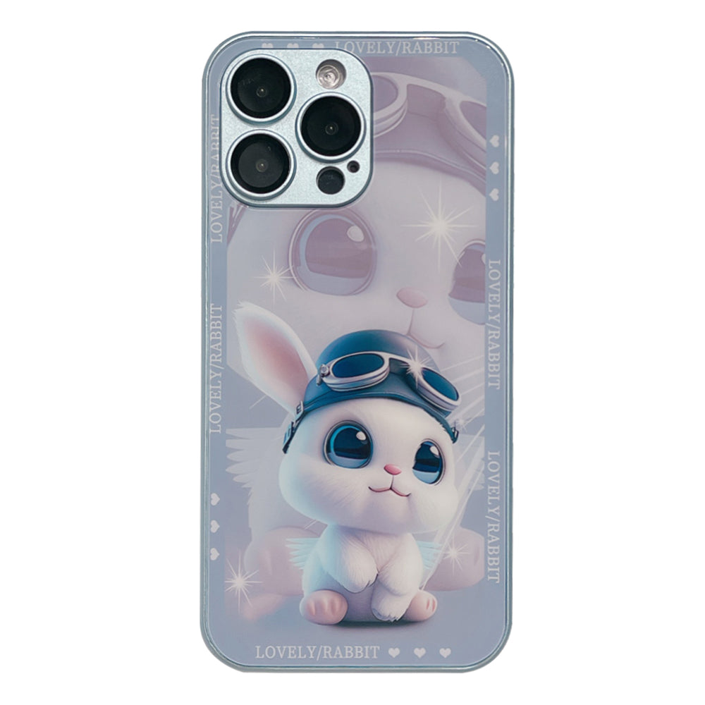 For iPhone 12 Pro Max Rabbit Pilot Pattern Printing Phone Cover Tempered Glass TPU Case with Lens Film