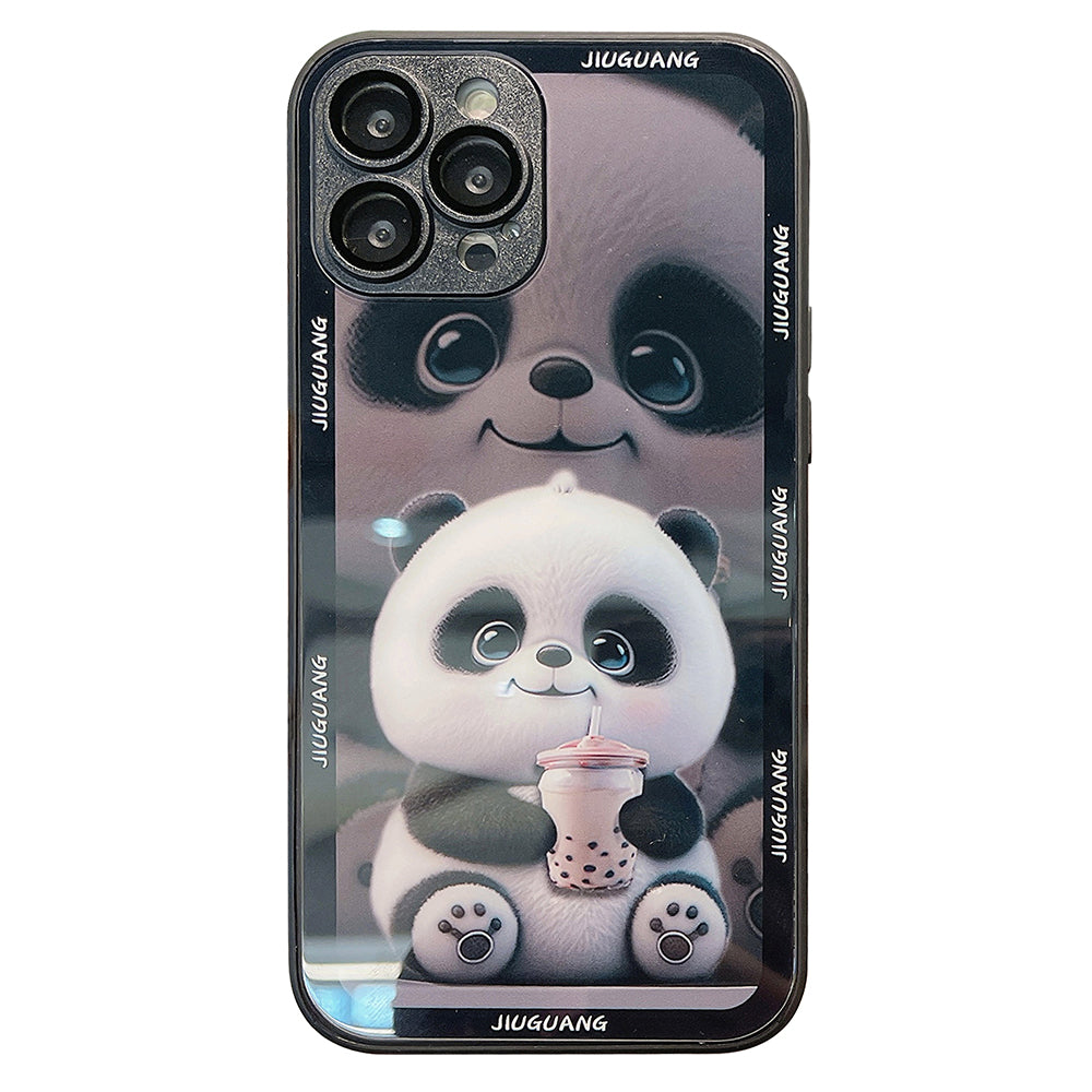 For iPhone 14 Pro Max Milk Tea Panda Pattern Printing Tempered Glass TPU Case Phone Cover with Lens Film