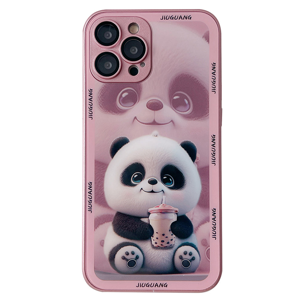For iPhone 13 Pro Max Milk Tea Panda Pattern Printing Anti-drop Tempered Glass TPU Case Phone Cover with Lens Film