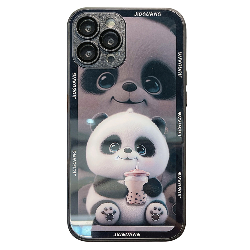 Pattern Printing Cover for iPhone 14 Pro Milk Tea Panda Tempered Glass TPU Phone Case with Lens Film