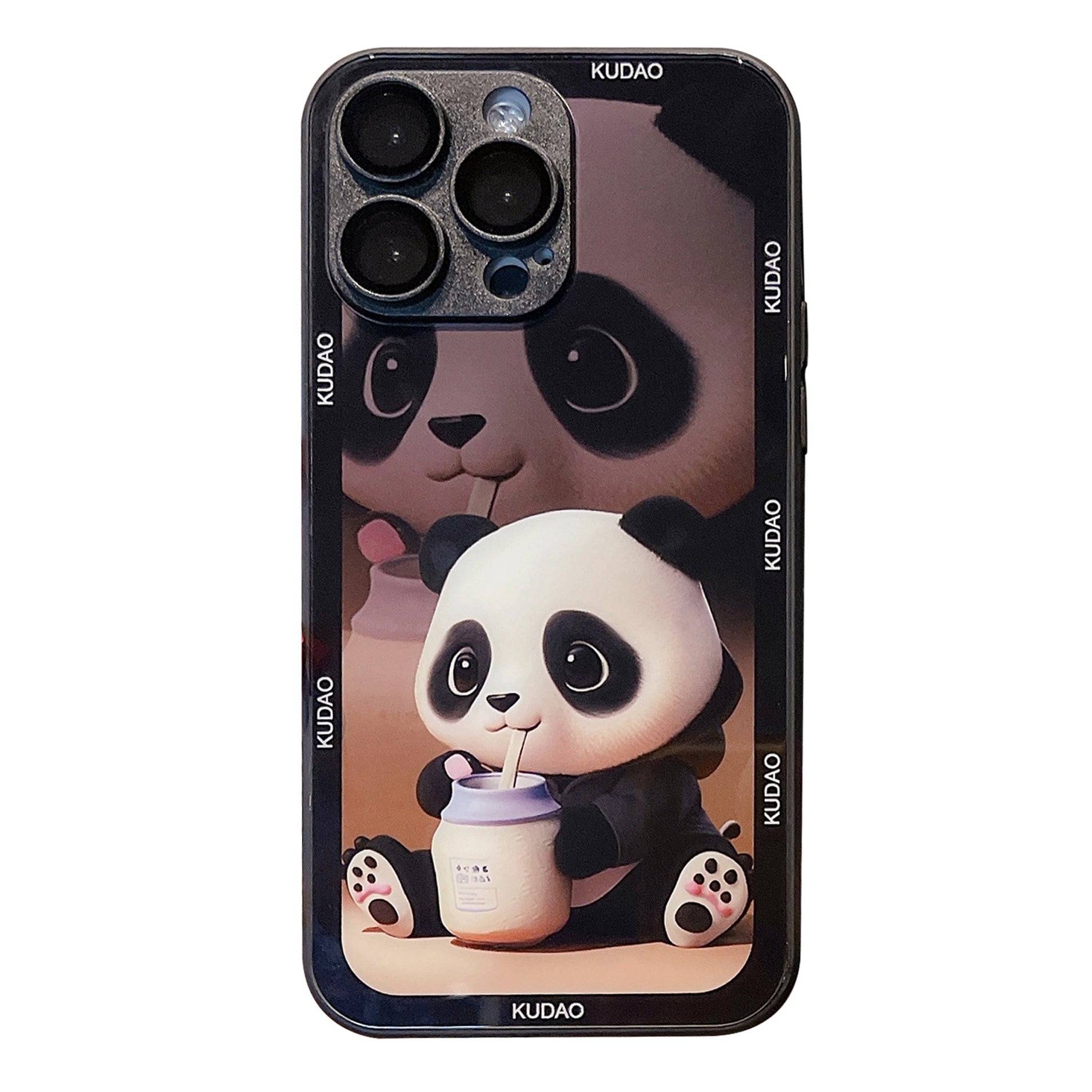 For iPhone 14 Pro Max Panda Pattern Phone Cover Tempered Glass Back TPU Frame Case with Lens Protector
