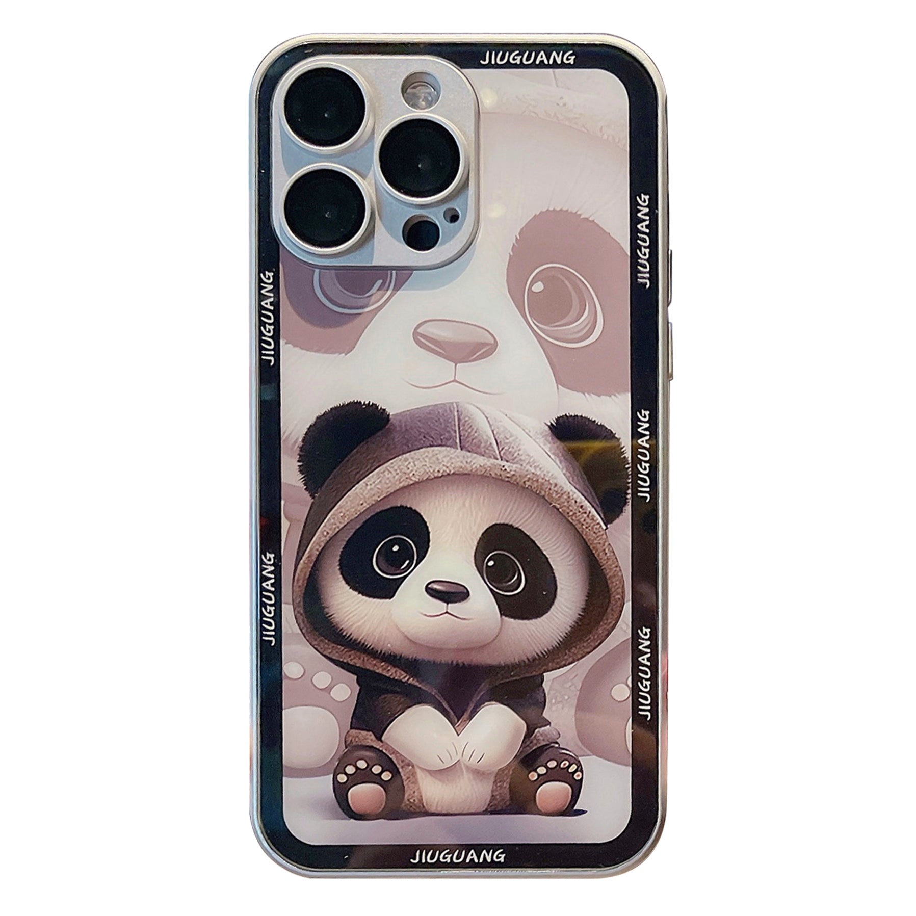 For iPhone 14 Pro Max Panda Pattern Phone Cover Tempered Glass Back TPU Frame Case with Lens Protector