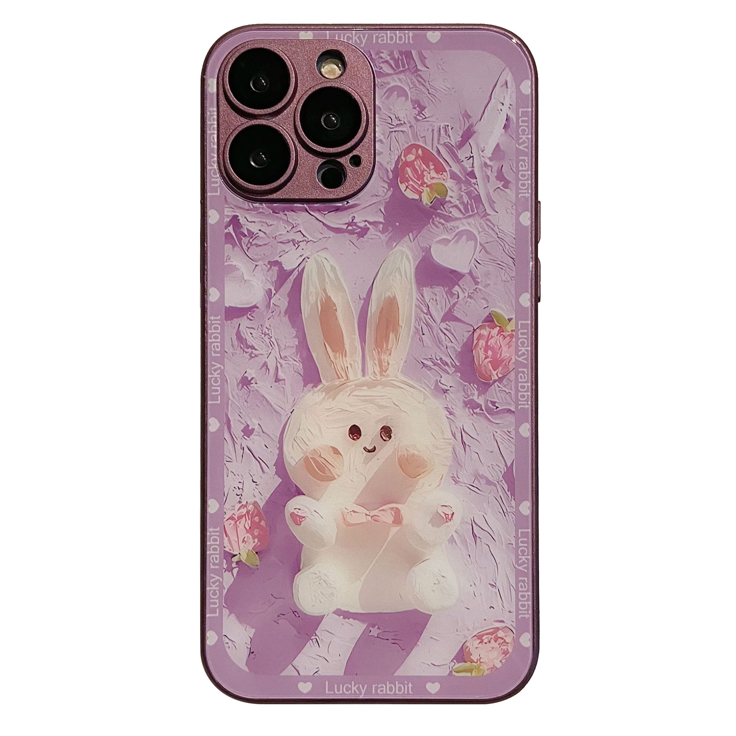 Glass TPU Phone Cover For iPhone 14 Pro Max Strawberry Rabbit Decor Metal Paint Design Shell Case