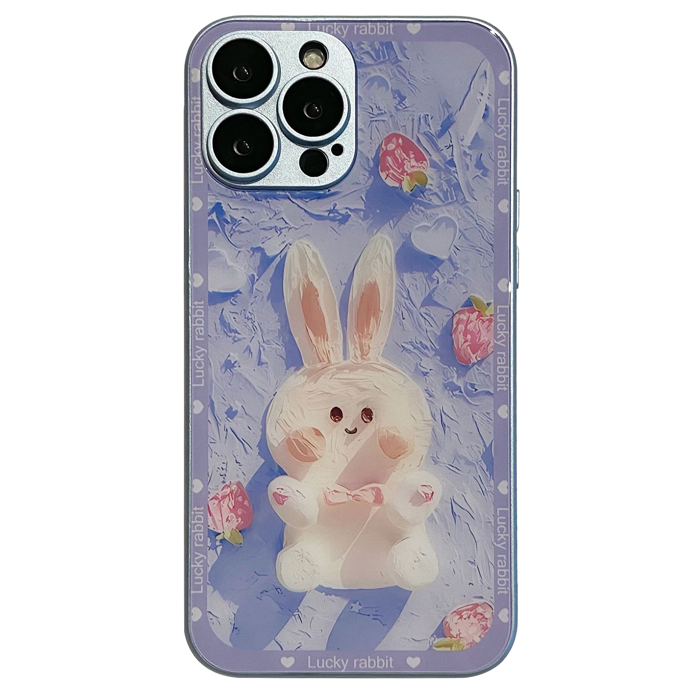 Glass TPU Phone Cover For iPhone 14 Pro Max Strawberry Rabbit Decor Metal Paint Design Shell Case