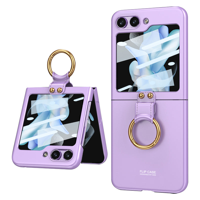 GKK Shockproof Case for Samsung Galaxy Z Flip5 5G Tempered Glass Back Slim Hard PC Phone Cover with Ring Strap