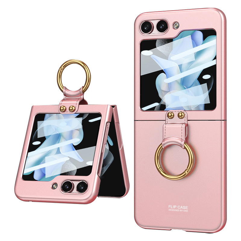GKK Shockproof Case for Samsung Galaxy Z Flip5 5G Tempered Glass Back Slim Hard PC Phone Cover with Ring Strap