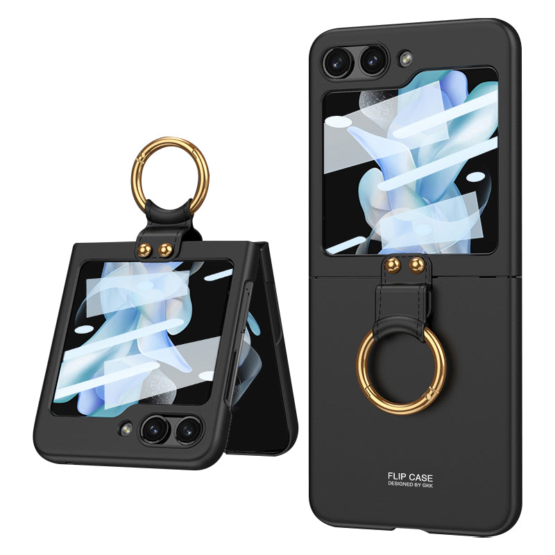 GKK Shockproof Case for Samsung Galaxy Z Flip5 5G Tempered Glass Back Slim Hard PC Phone Cover with Ring Strap