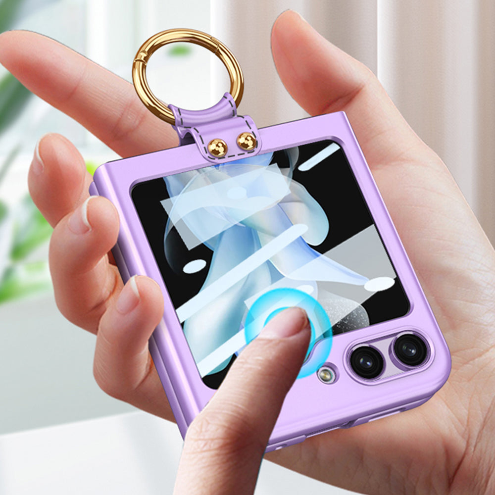 GKK Shockproof Case for Samsung Galaxy Z Flip5 5G Tempered Glass Back Slim Hard PC Phone Cover with Ring Strap