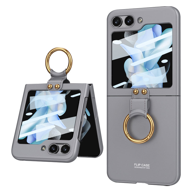 GKK Shockproof Case for Samsung Galaxy Z Flip5 5G Tempered Glass Back Slim Hard PC Phone Cover with Ring Strap