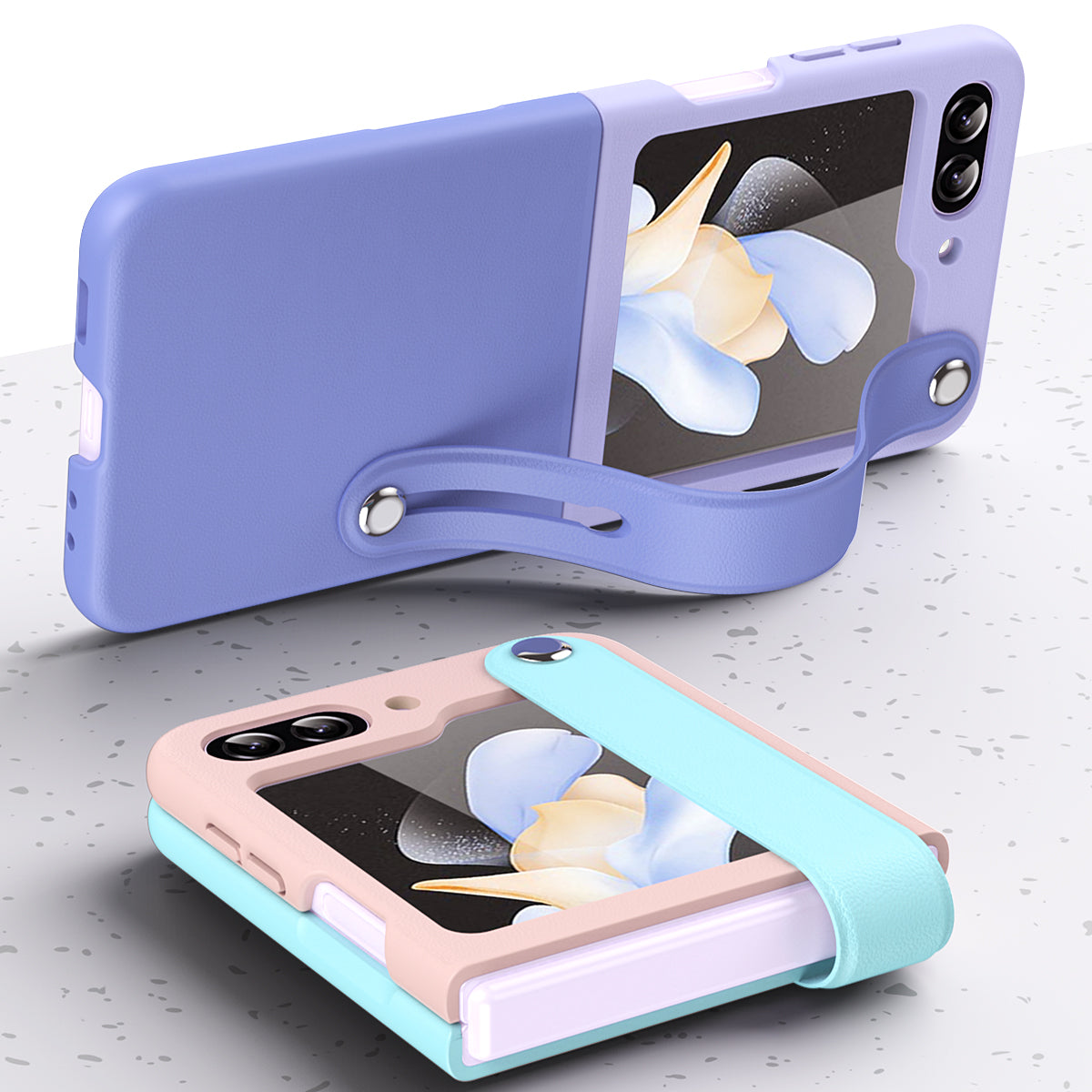 For Samsung Galaxy Z Flip5 5G Contrast Color PU Leather Coated PC Phone Case Hand Strap Kickstand Cover