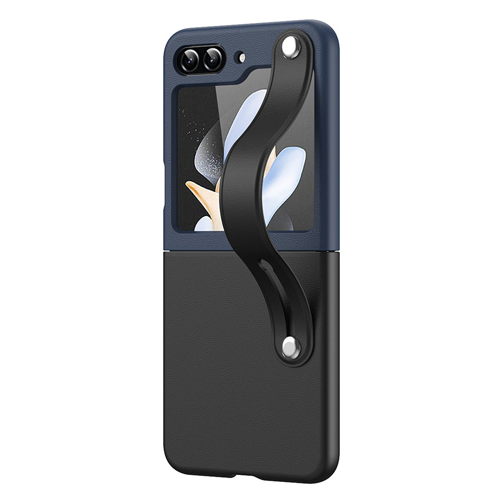 For Samsung Galaxy Z Flip5 5G Contrast Color PU Leather Coated PC Phone Case Hand Strap Kickstand Cover