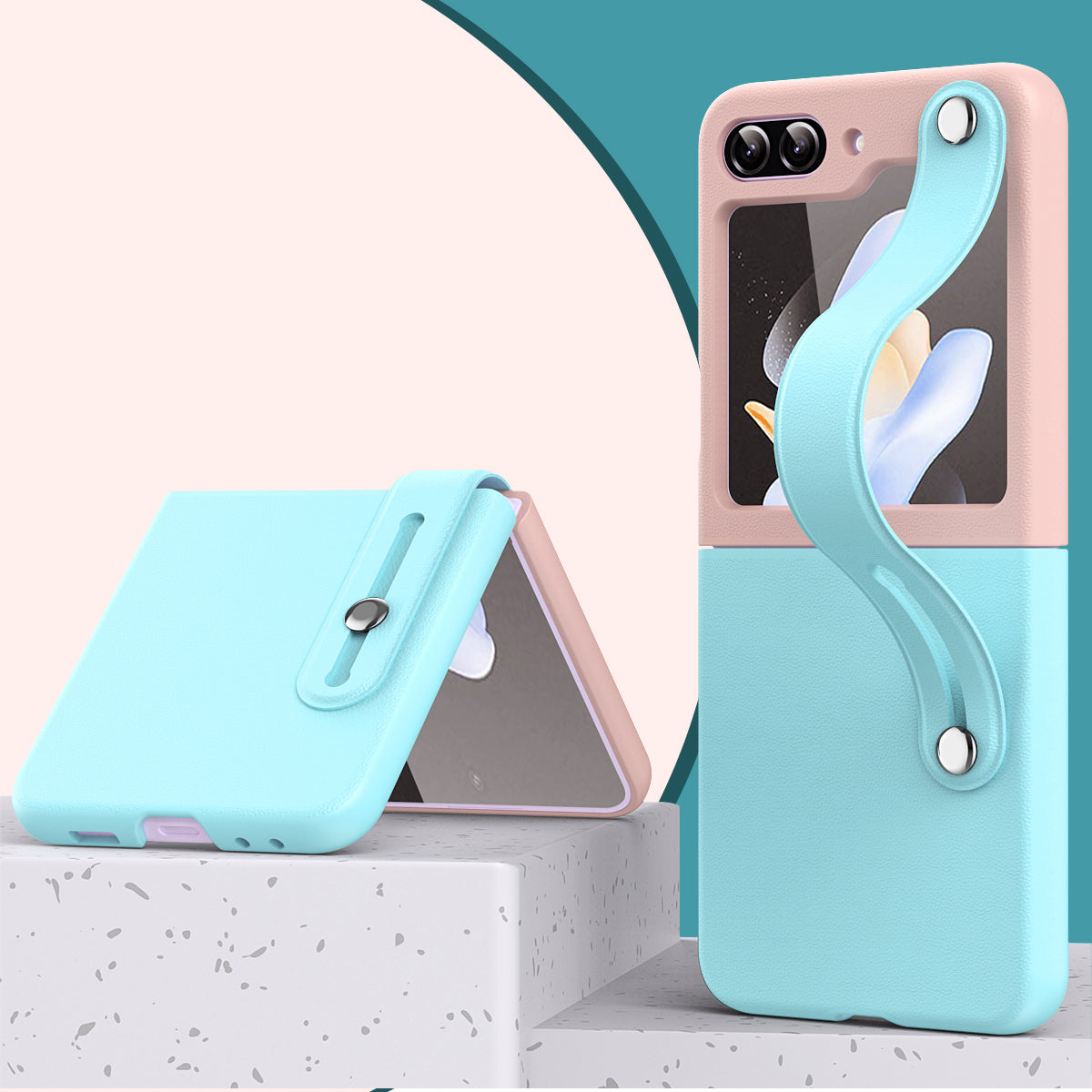 For Samsung Galaxy Z Flip5 5G Contrast Color PU Leather Coated PC Phone Case Hand Strap Kickstand Cover