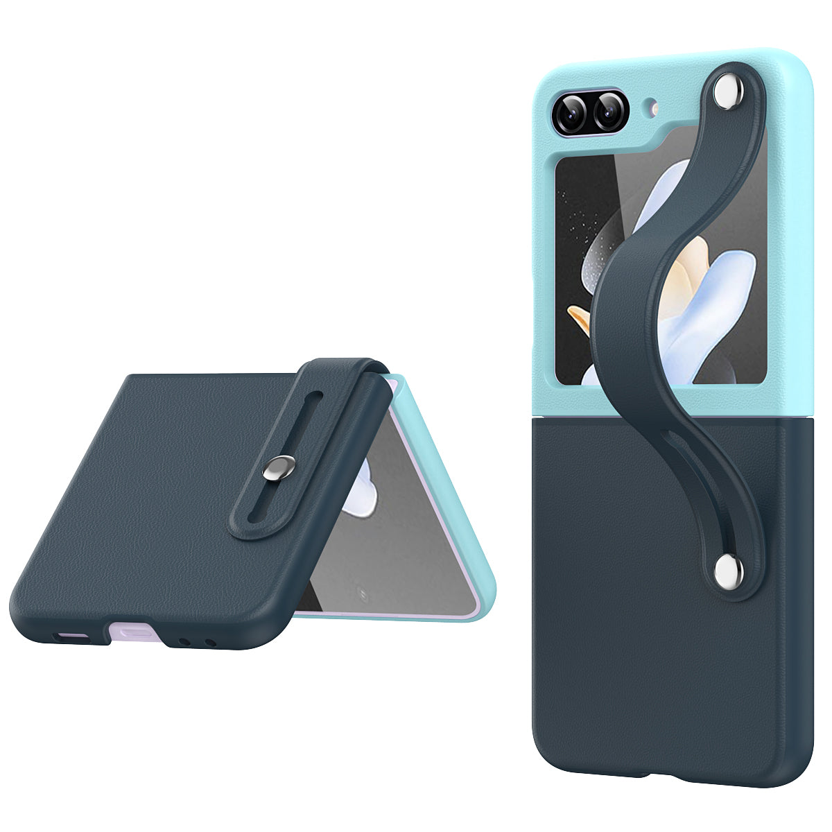 For Samsung Galaxy Z Flip5 5G Contrast Color PU Leather Coated PC Phone Case Hand Strap Kickstand Cover