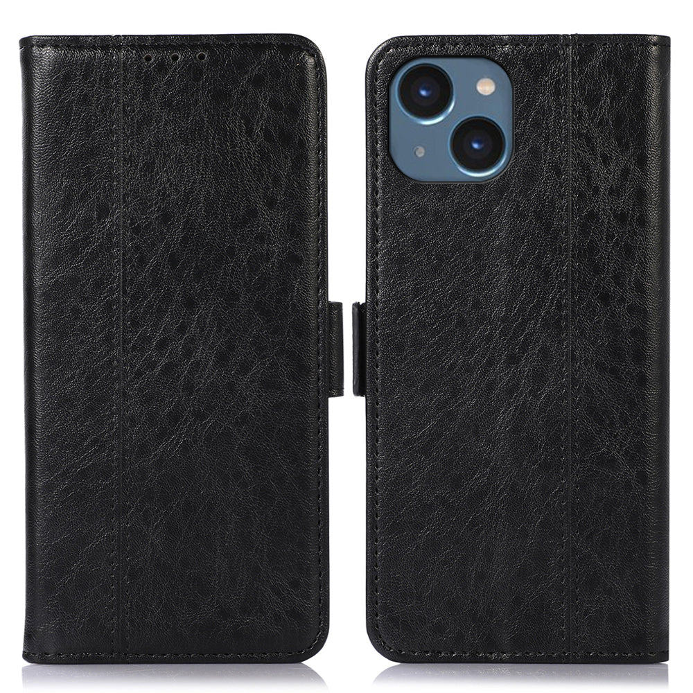 For iPhone 15 Plus Wallet Phone Case PU Leather Dual Magnetic Clasp Stand Crazy Horse Texture Flip Cover