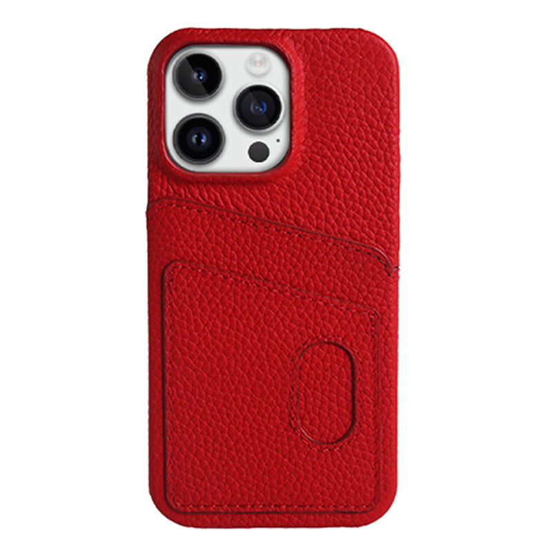 For iPhone 13 Pro Max Litchi Texture Phone Case Dual Card Slots Genuine Cowhide Leather PC Cover