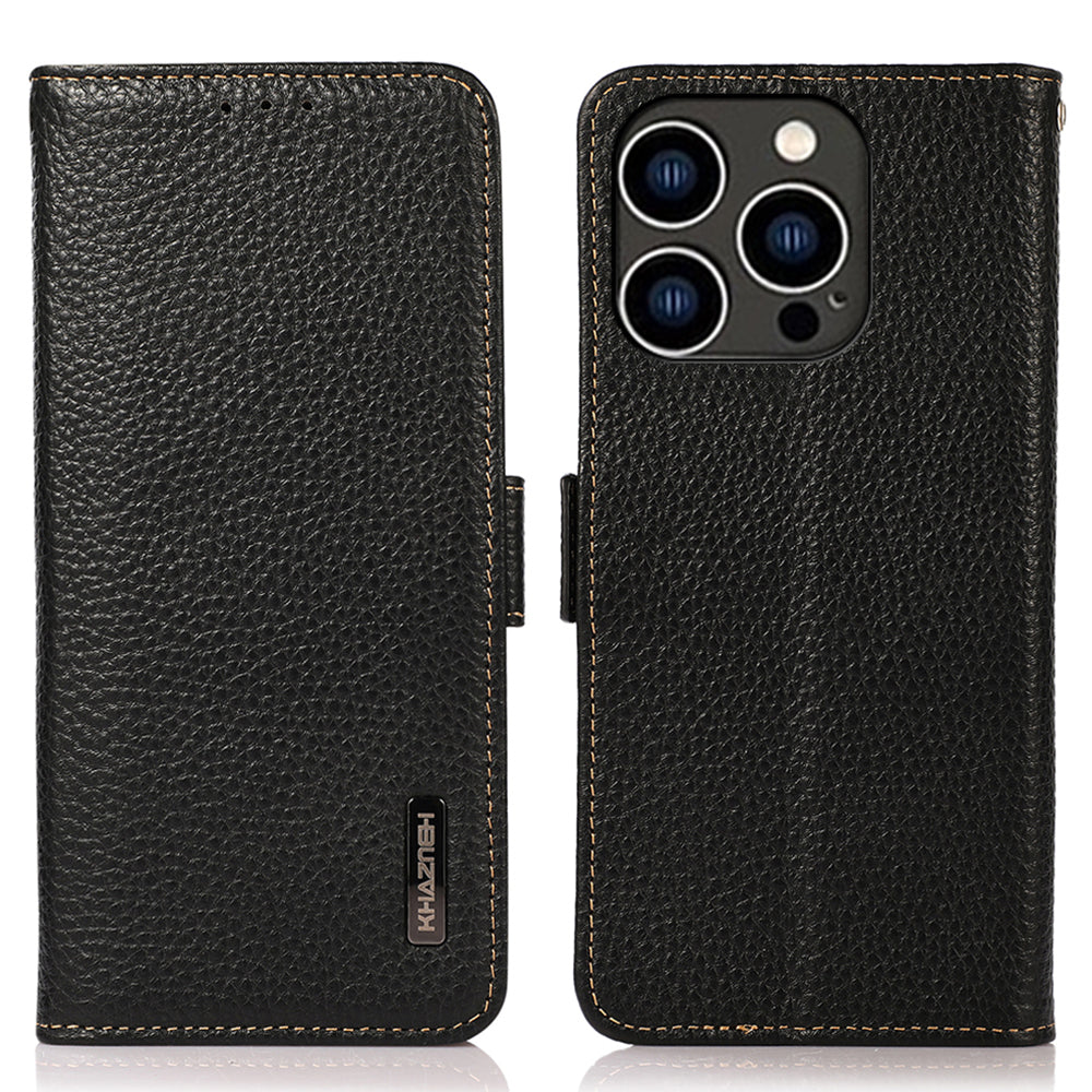 KHAZNEH For iPhone 15 Pro RFID Blocking Phone Case Stand Wallet Genuine Cow Leather Phone Cover