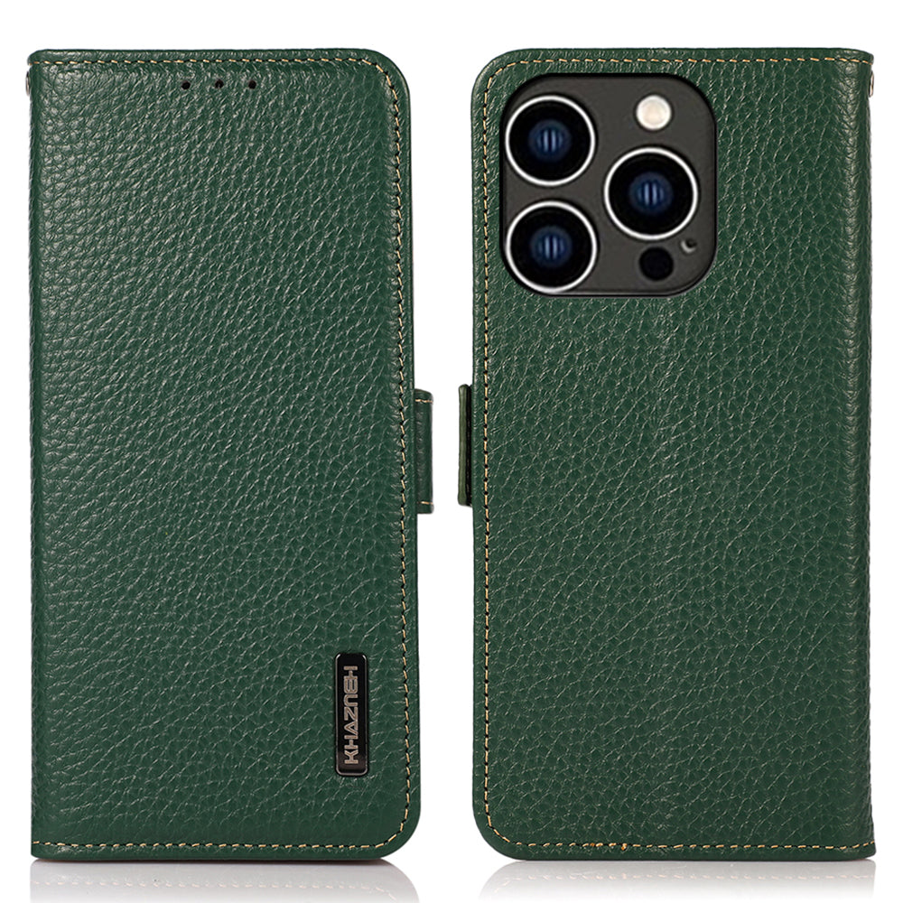KHAZNEH For iPhone 15 Pro RFID Blocking Phone Case Stand Wallet Genuine Cow Leather Phone Cover