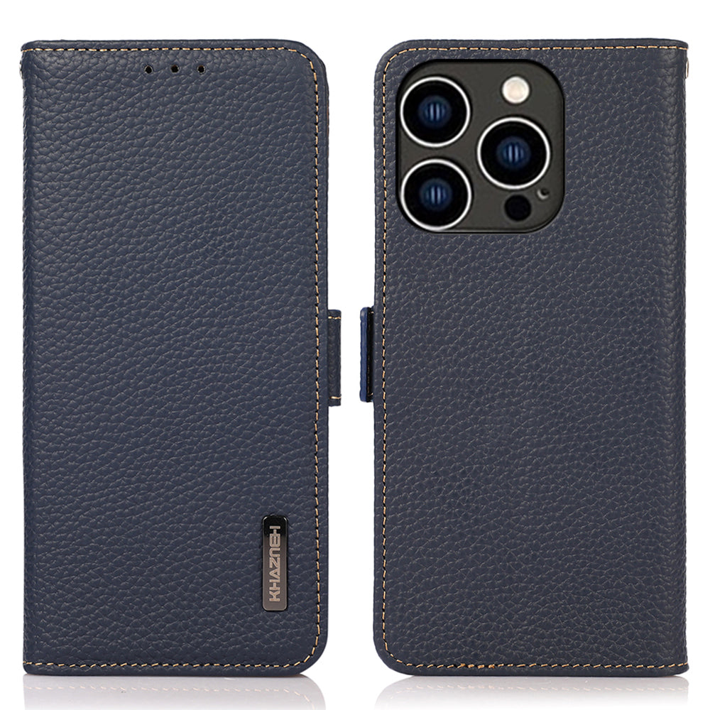 KHAZNEH For iPhone 15 Pro RFID Blocking Phone Case Stand Wallet Genuine Cow Leather Phone Cover